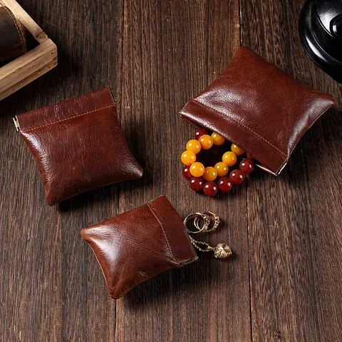 Porte-monnaie en Cuir Véritable Rétro Vintage Pochette à Bijoux en Cuir Ciré Fermeture Automatique Mini Portefeuille Homme Femme
