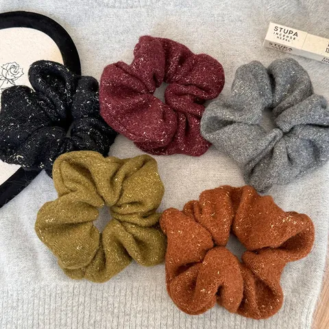 Korean Style Autumn Winter Plush Felt Scrunchies Gold Silk Hair Ties For Women Elegant Ponytail Buns Holders Hair Rings Jewelry
