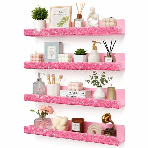 Acrylic Wall Mounted Nail Polish Organizer Floating Shelves With Bling Rhinestone Crystal Display Rack For Makeup Perfume Women Room Decor