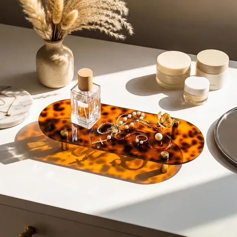 Bandeja de Acrílico con Estampado de Leopardo Retro Francés Ámbar Carey Bandeja Decorativa con Pies de Metal Dorado