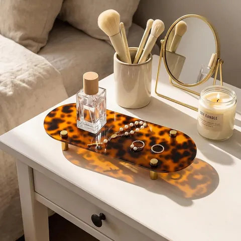 Bandeja de Acrílico con Estampado de Leopardo Retro Francés Ámbar Carey Bandeja Decorativa con Pies de Metal Dorado