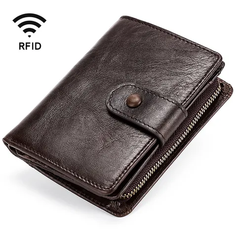 Cartera de Hombre de Cuero Genuino Retro Bloqueo RFID Cuero de Vaca Crazy Horse Botón de Presión Multifunción Monedero Corto