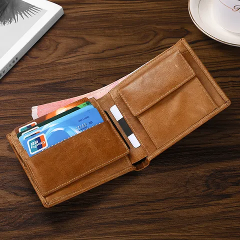Billetera Corta Bifold de Cuero de Vaca Genuino Vintage para Hombre Con Protección RFID Ranuras para Tarjetas y Bolsillo para Monedas