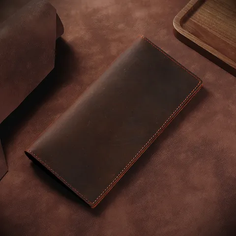Cartera Larga de Cuero Crazy Horse Retro para Hombre Bolso de Mano Fino de Piel de Vaca Minimalista Vintage Para Negocios Diario