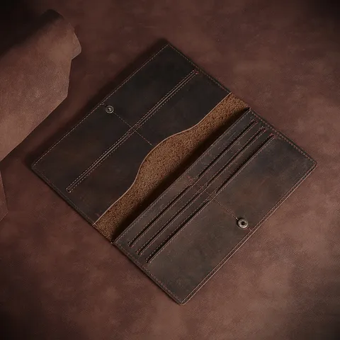 Cartera Larga Retro de Cuero Auténtico Crazy Horse para Hombre Negocios Multifuncional Bolso de Mano de Piel de Vaca Tarjetero