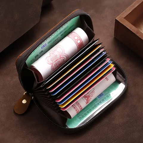 Retro Cowhide Leather Card Holder With Dragon Embossing Zipper Multi Slot Wallet For Men Women Slim Driver License Case