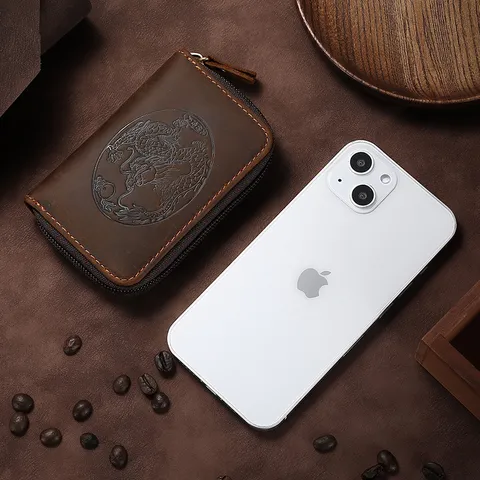Retro Cowhide Leather Card Holder With Dragon Embossing Zipper Multi Slot Wallet For Men Women Slim Driver License Case