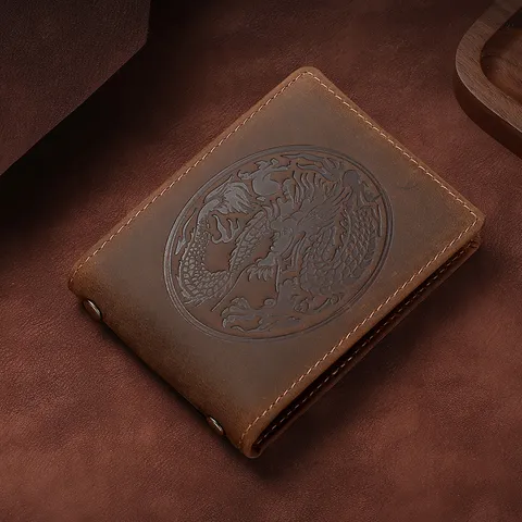 Vintage Top Grain Cowhide Crazy Horse Leather Card Holder Totem Dragon Owl Embossed Driver License Wallet For Men Women Daily Use