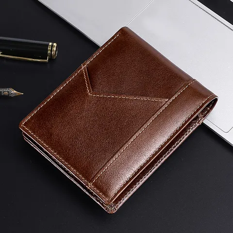 Cartera Retro para Hombre de Cuero Genuino Piel de Vaca Encerada Bloqueo RFID Cartera Corta de Tres Pliegues Vintage