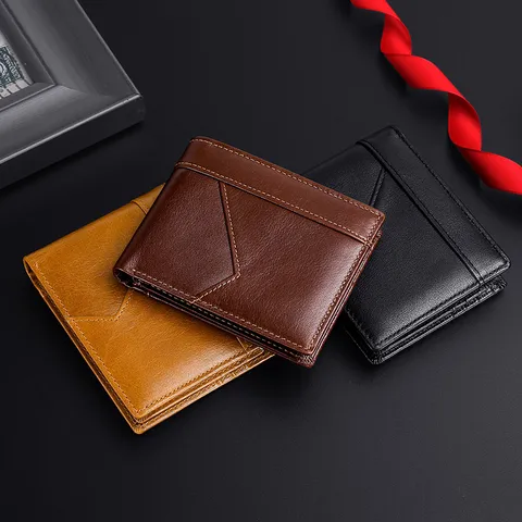 Cartera Retro para Hombre de Cuero Genuino Piel de Vaca Encerada Bloqueo RFID Cartera Corta de Tres Pliegues Vintage
