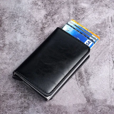 RFID Blocking Automatic Pop Up Card Holder Aluminum Alloy Slim Wallet PU Leather Credit Card Case For Men Women Business Mini Purse