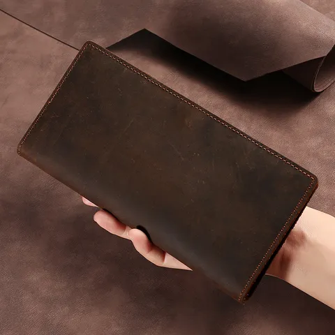 Cartera Larga Retro de Cuero Auténtico Crazy Horse para Hombre Negocios Multifuncional Bolso de Mano de Piel de Vaca Tarjetero