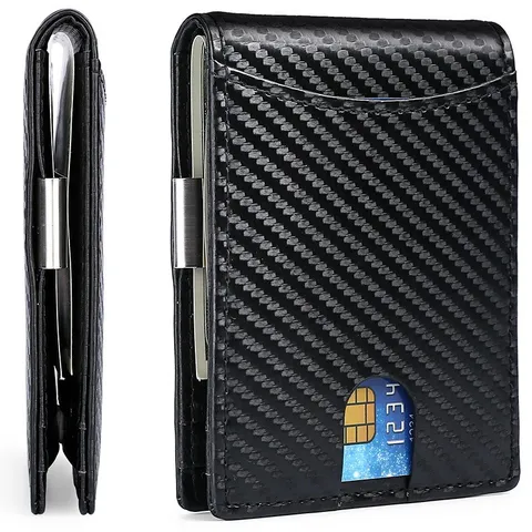 Billetera Delgada de Cuero Auténtico con Fibra de Carbono y Bloqueo RFID para Hombre Clip de Dinero Minimalista Negocios