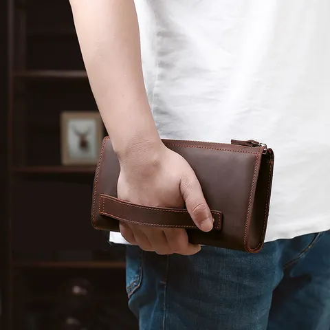 Top Grain Rindsleder Lange Brieftasche Für Herren Business Clutch Handtasche Doppelter Reißverschluss Multifunktion Vintage Handy-Tasche Beutel Rindsleder Geldbörse