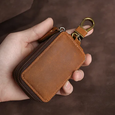 Étui de Clé de Voiture Universel en Cuir de Vachette Véritable Vintage Double Fermeture Éclair Pochette Porte-clés Avec Crochet
