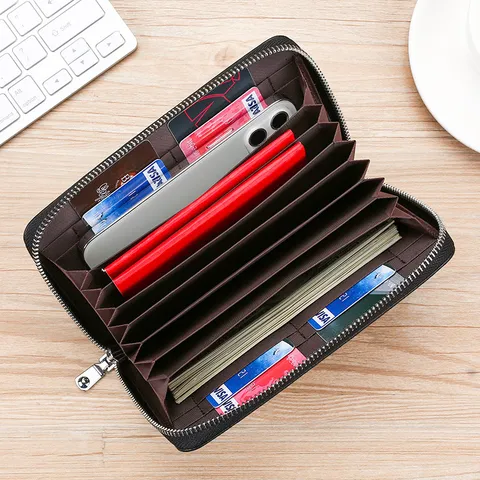 Portacarte in vera pelle con blocco RFID per Unisex Grande capacità Portapassaporto Portafoglio multifunzionale con cerniera lunga Organizer