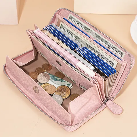 Portefeuille Long en Cuir Véritable pour Femmes Blocage RFID Grande Capacité 18 Fentes Cartes Pochette Zippée Sac à Main