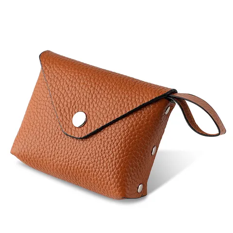 Genuine Leather Coin Purse For Women First Layer Cowhide Small Wallet Litchi Grain Mini Pouch With Wrist Strap Snap Button Bag For Keys Cards