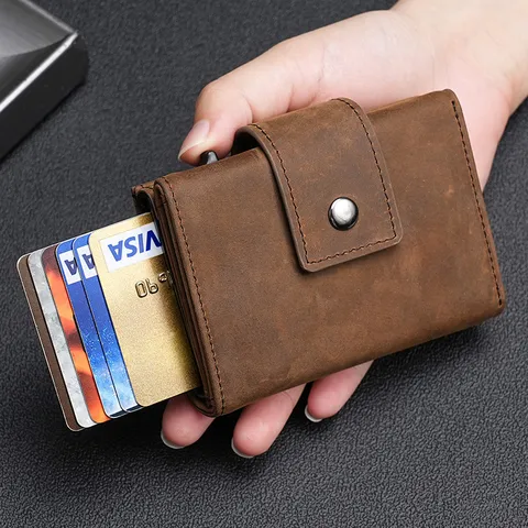 Heren Vintage Toplaag Rundleer Kaartportemonnee Met Automatische Pop Up Aluminiumlegering Behuizing RFID Blokkering Tracker Compatibel Trifold Geldclip Portemonnee