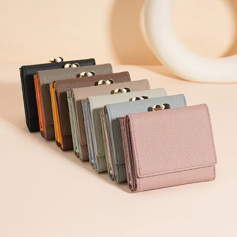 Portefeuille en Cuir Véritable pour Femmes RFID Bifold Court Cadre en Alliage Porte-Cartes Porte-Monnaie Motif Litchi
