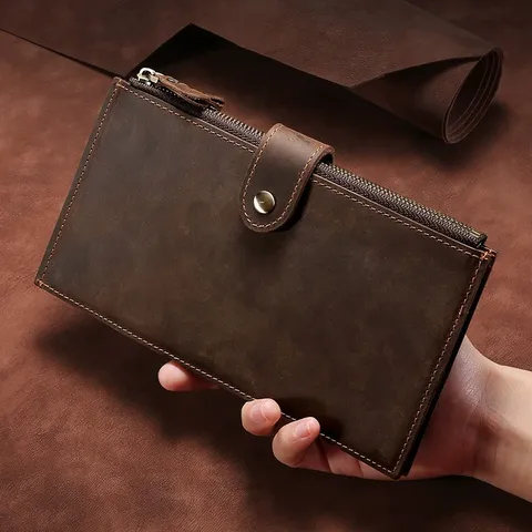 Men Long Wallet Genuine Crazy Horse Leather RFID Blocking Retro Coffee Card Holder Large Capacity Mobile Phone Wallet