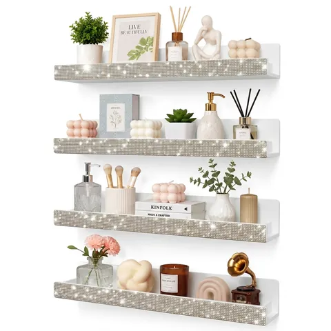 Acrylic Wall Mounted Nail Polish Organizer Floating Shelves With Bling Rhinestone Crystal Display Rack For Makeup Perfume Women Room Decor