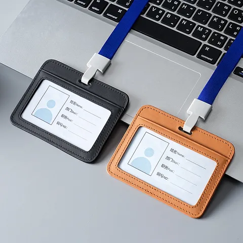 Genuine Leather ID Card Holder with Lanyard Business Badge Sleeve Vertical Horizontal Cowhide Employee Bus Card Cover