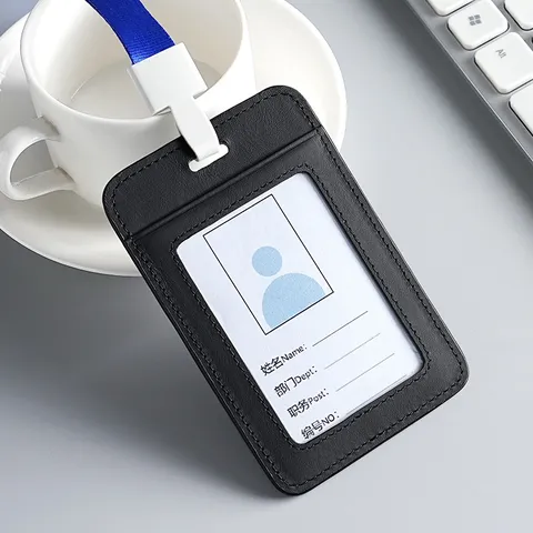 Genuine Leather ID Card Holder with Lanyard Business Badge Sleeve Vertical Horizontal Cowhide Employee Bus Card Cover