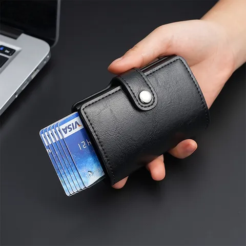 RFID Blocking Automatic Pop-up Card Holder Wallet Slim PU Leather Aluminum Case With Money Clip For Men Women