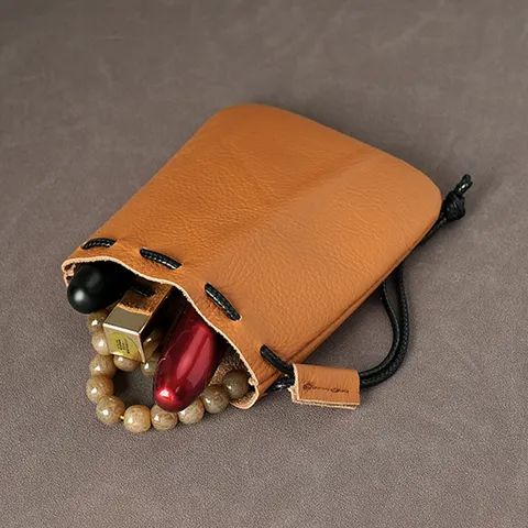 Vintage Eerste Laag Rundleer Koord Portemonnee Effen Kleur Litchi Textuur Mini Leren Zakje Voor Opbergen Unisex