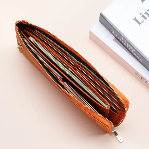 Portefeuille en Cuir Véritable pour Femmes Blocage RFID Longue Pochette en Cuir de Vachette Porte-monnaie avec Plusieurs Cartes