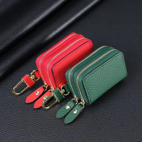 Étui à Clés de Voiture en Cuir Véritable Double Couche Fermeture Éclair Cuir de Vachette Protection de Clé Sac Porte-clés Affaires Homme Femme