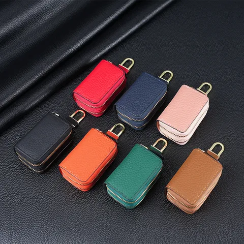 Étui à Clés de Voiture en Cuir Véritable Double Couche Fermeture Éclair Cuir de Vachette Protection de Clé Sac Porte-clés Affaires Homme Femme