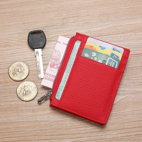 Porte-cartes RFID en Cuir Véritable Minimaliste pour Hommes Femmes Motif Litchi Portefeuille Mince Avec Poche à Monnaie