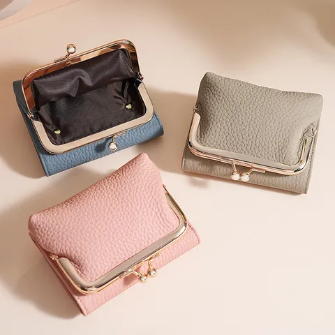 Portefeuille pour Femmes en Cuir de Vachette Véritable Protection RFID Fermoir à Boules Pliage en Trois Petit Porte-monnaie Minimaliste Texture Galet Porte-cartes