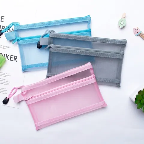 A6 Double Layer Nylon Mesh Pencil Case Translucent Zipper Document Bag For Students School Office Stationery Storage Organizer