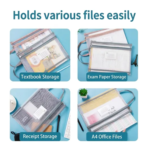 A4 Nylon Mesh Document Bag Double Layer Thickened Zippered File Pouch Student Examination Paper Organizer Box Holder Handle Index Label Storage Bag