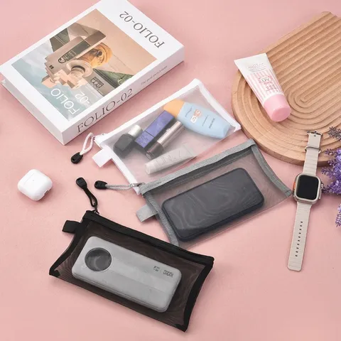 Transparent Mesh Zipper Bag Portable Large Capacity Document Cards Makeup Storage Pouch Minimalist Travel Mesh Organizer