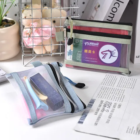 Travel Portable Mesh Storage Bag Double Layer Transparent Nylon ID Card Holder Mini Coin Purse Zipper Organiser Pouch