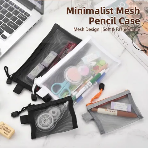 Minimalist Transparent Mesh Pencil Bag Large Capacity Portable Zipper Stationery Pouch For Student Exam Office Supplies Black White Gray
