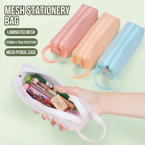 Minimalist Transparent Mesh Pencil Bag Large Capacity Portable Stationery Organizer Zippered Pencil Pouch For Students Office Supplies