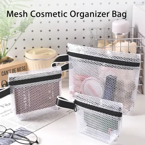Borsa da Toilette Portatile da Viaggio in Rete Trasparente Ispessita Antipolvere Trousse Trucco Pochette Organizer Multiuso con Cerniera