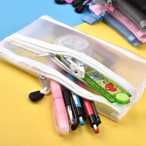Large Capacity Transparent Mesh Pencil Case Multi Layer Portable Stationery Storage Bag For Student Exam Office Supplies Minimalist Design