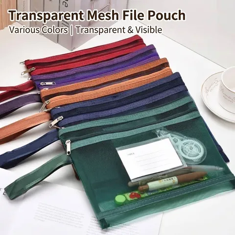 Vintage Mesh Dual Layer Document Bag Rectangular Filing Pouch With Zipper And Index Card Slot For Office School Stationery Storage Organizer