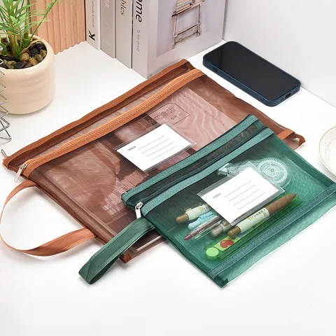 Vintage Mesh Dual Layer Document Bag Rectangular Filing Pouch With Zipper And Index Card Slot For Office School Stationery Storage Organizer