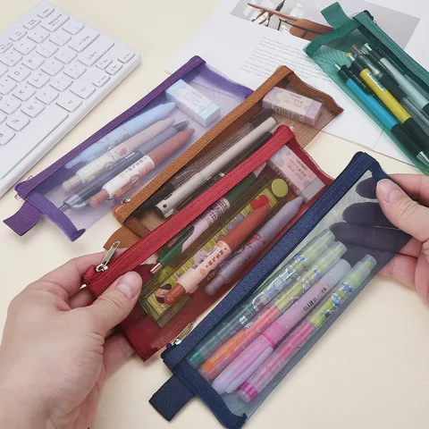 Minimalistisch Transparent Nylonnetz Federmäppchen Retro Einfarbig Reißverschluss Schreibwarentasche Große Kapazität Aufbewahrungstasche Mit Handschlaufe Für Studenten Büro Schule