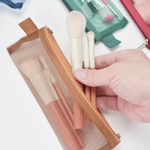 Minimalist Mesh Makeup Brush Storage Bag Portable Breathable Nylon Toiletry Organizer Zipper Pouch For Eyebrow Pencil Eyeliner Women Travel Case