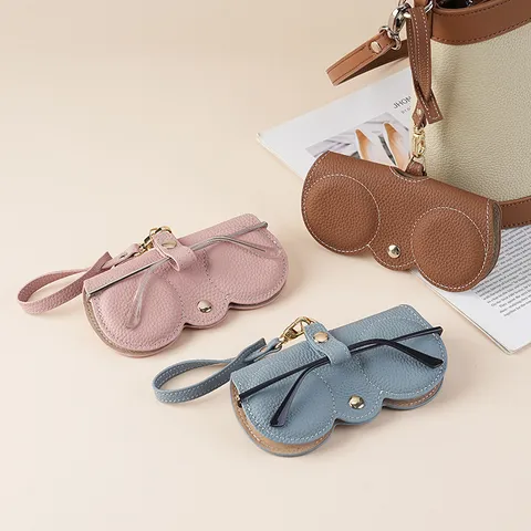 Portable Genuine Top Grain Cowhide Sunglasses Case With Air Cushion Protection Lychee Texture Button Eyeglasses Pouch Lanyard For Women