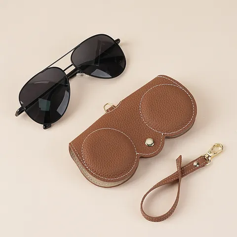 Portable Genuine Top Grain Cowhide Sunglasses Case With Air Cushion Protection Lychee Texture Button Eyeglasses Pouch Lanyard For Women