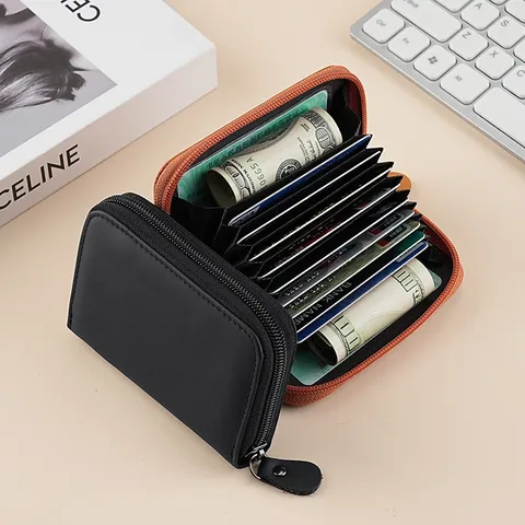 Tarjetero de Acordeón de Cuero Genuino Vintage Bloqueo RFID Estuche de Tarjetas con Cremallera para Hombres Mujeres Cartera de Cuero Retro
